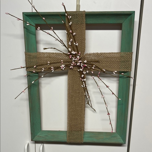 Rustic Green and Brown Burlap Cross Frame - Picture 1 of 7